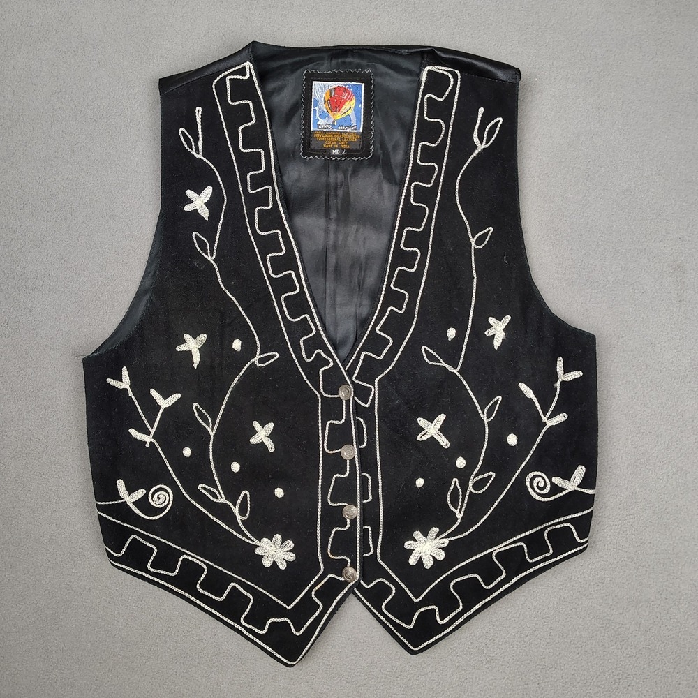 Vintage Leather Vest Men Medium Black Embroidered Western Rockabilly Waistcoat